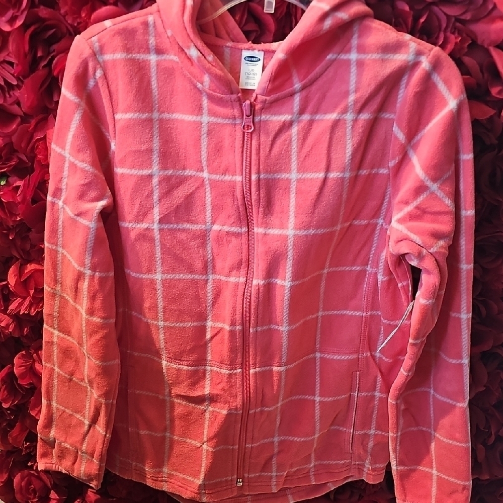 Old Navy NWT Girls Salmon Fleece Checkered Zip-up Jacket Size Large 10/12